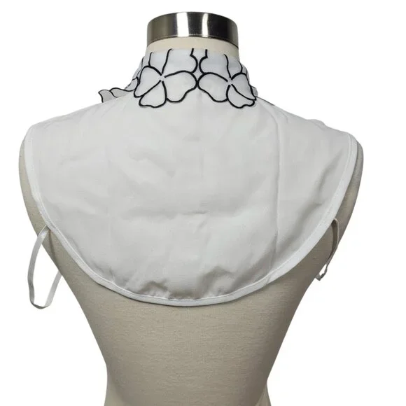 White Detachable Collar Bib w/ Black Floral Embroidery & Rhinestone Detail - Picture 4 of 4